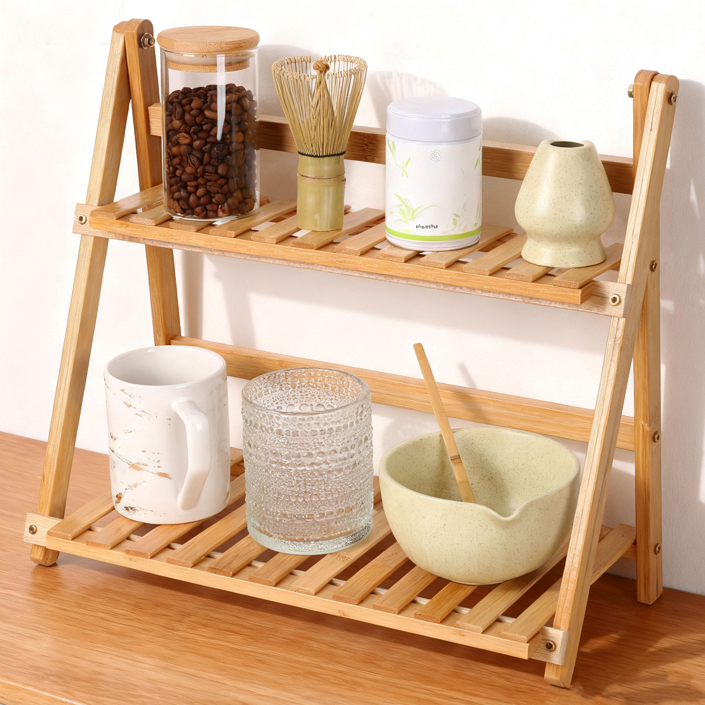 Photo 1 of HORIBND Coffee Station Organizer, Matcha Station, Foldable Bamboo Mug Holder for Countertop, Tea & Coffee Bar Accessories, 2 Tier Shelf for Kitchen Counter Organizer, Matcha Stand, Spice Rack