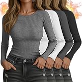 Yearntown 4 Pack Women's Ribbed Long Sleeve Shirts, Cotton Crew Neck Thermal Tops Slim Fit Undershirts Layering Tee Shirts