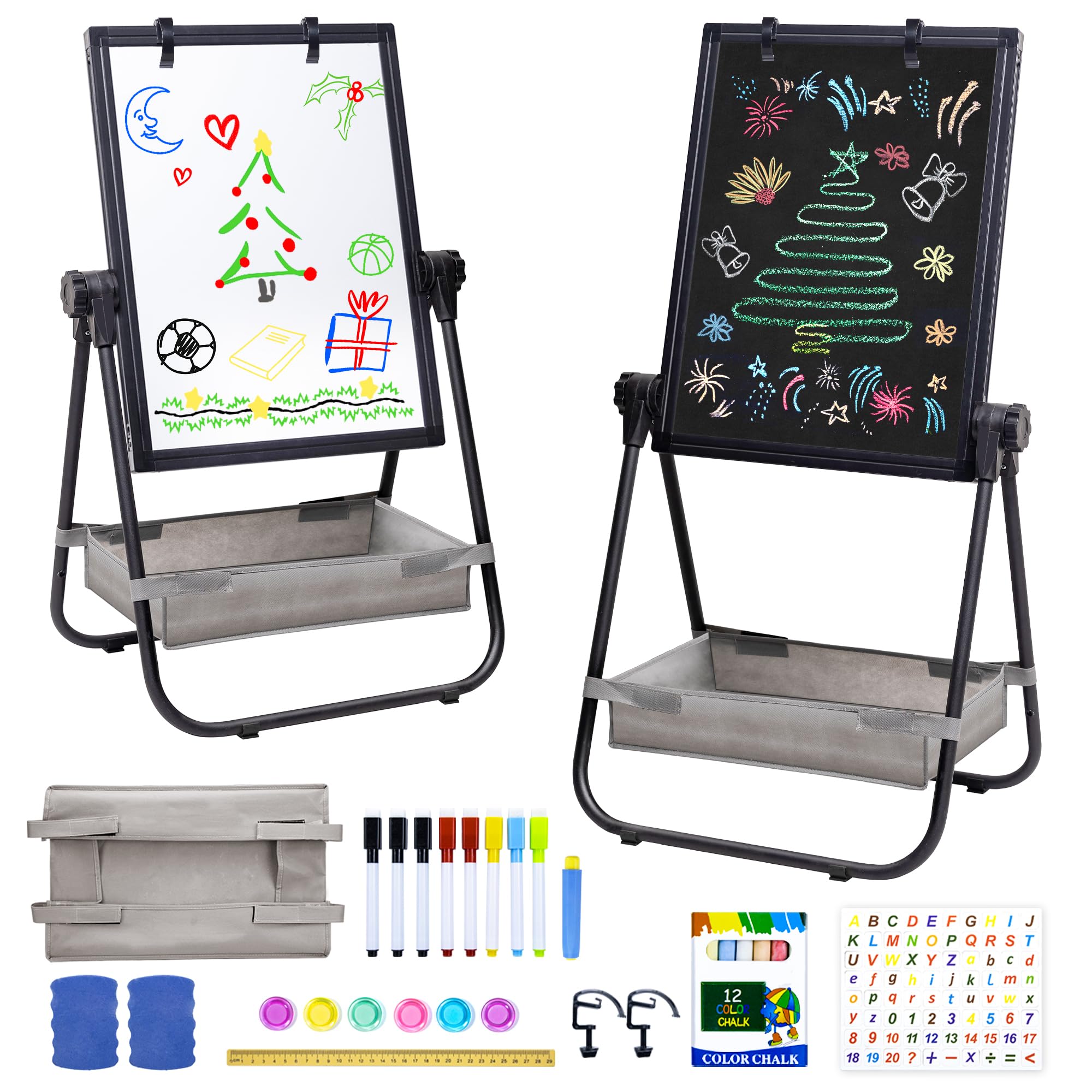WEYOUNG Kids Easel for Toddlers, Adjustable Standingg Metal Toddler Whiteboard & Chalkboard, Magnetic Art Easel for Kids Age 2-4 4-8 9-12, Black