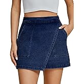 luvamia Jean Skirts for Women Denim Mini Trendy High Waisted Stretchy Asymmetrical Faux Wrap Short Skirt with Pockets