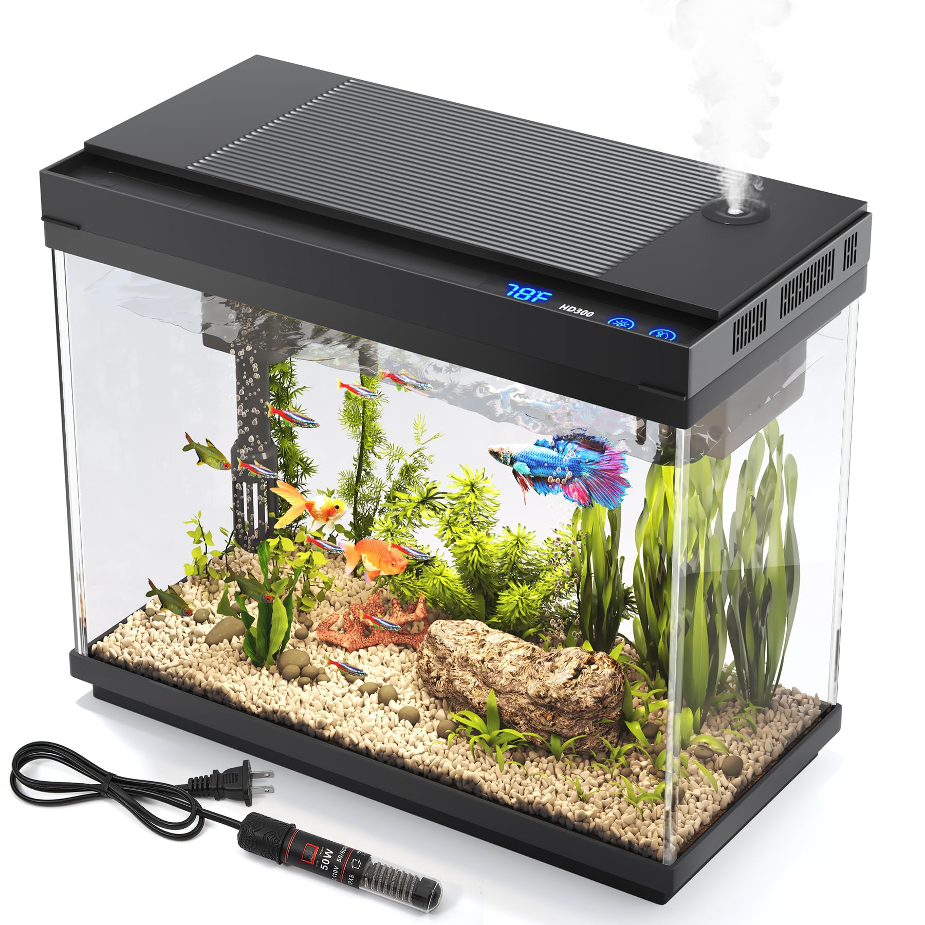 Photo 1 of Vehipa Fish Tank 2.4 Gallon Aquarium with Heater, 3-in-1 Silent Pump with Filteration & Oxygenation & Circulation, 7-Color Timer Cycle Light, Temperature Display, Humidifier, HD Glass Fish Bowl