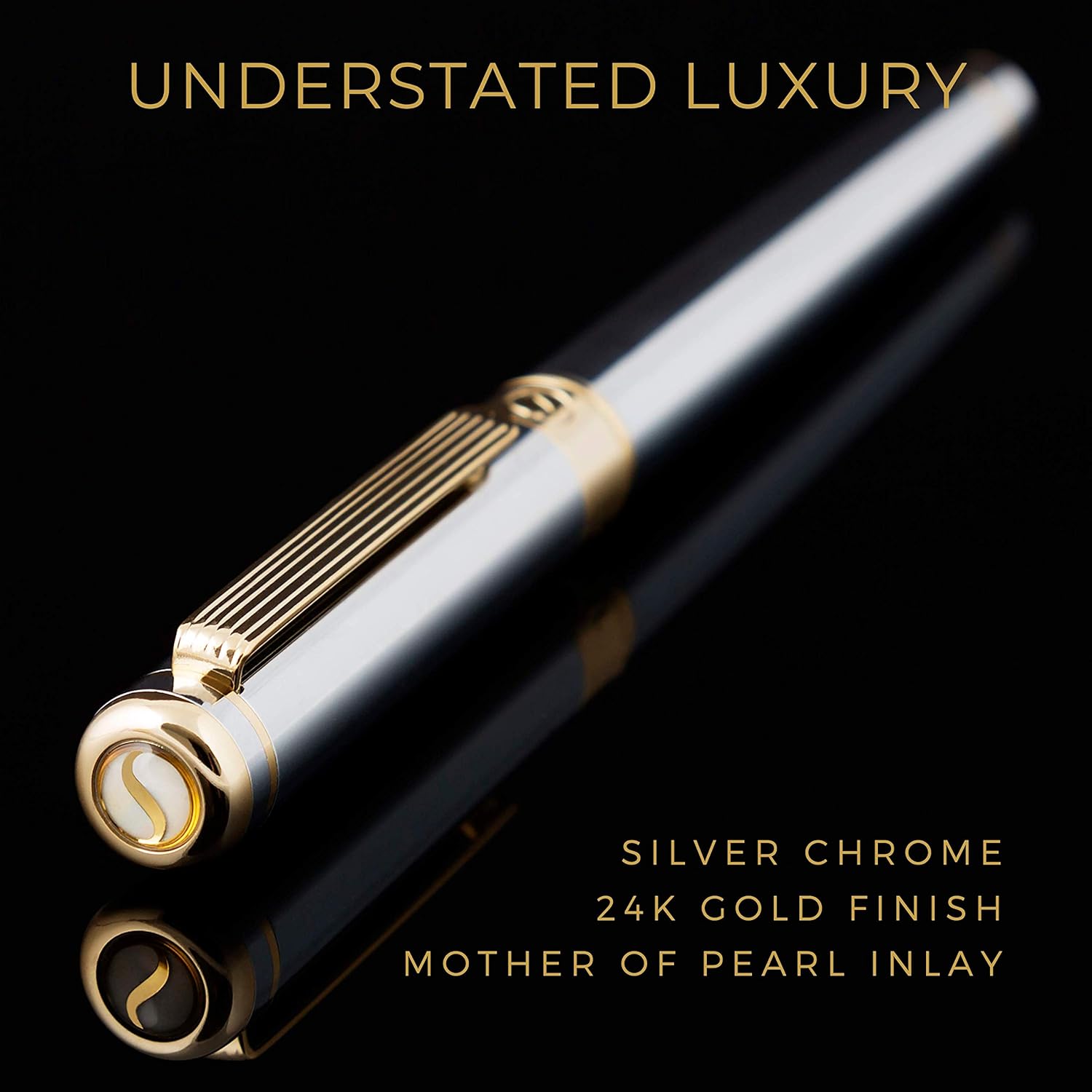 Scriveiner Silver Chrome Fountain Pen, Stunning Luxury Pen, Real Gold Plating, Schmidt Gilded Nib (Medium) - Image 3