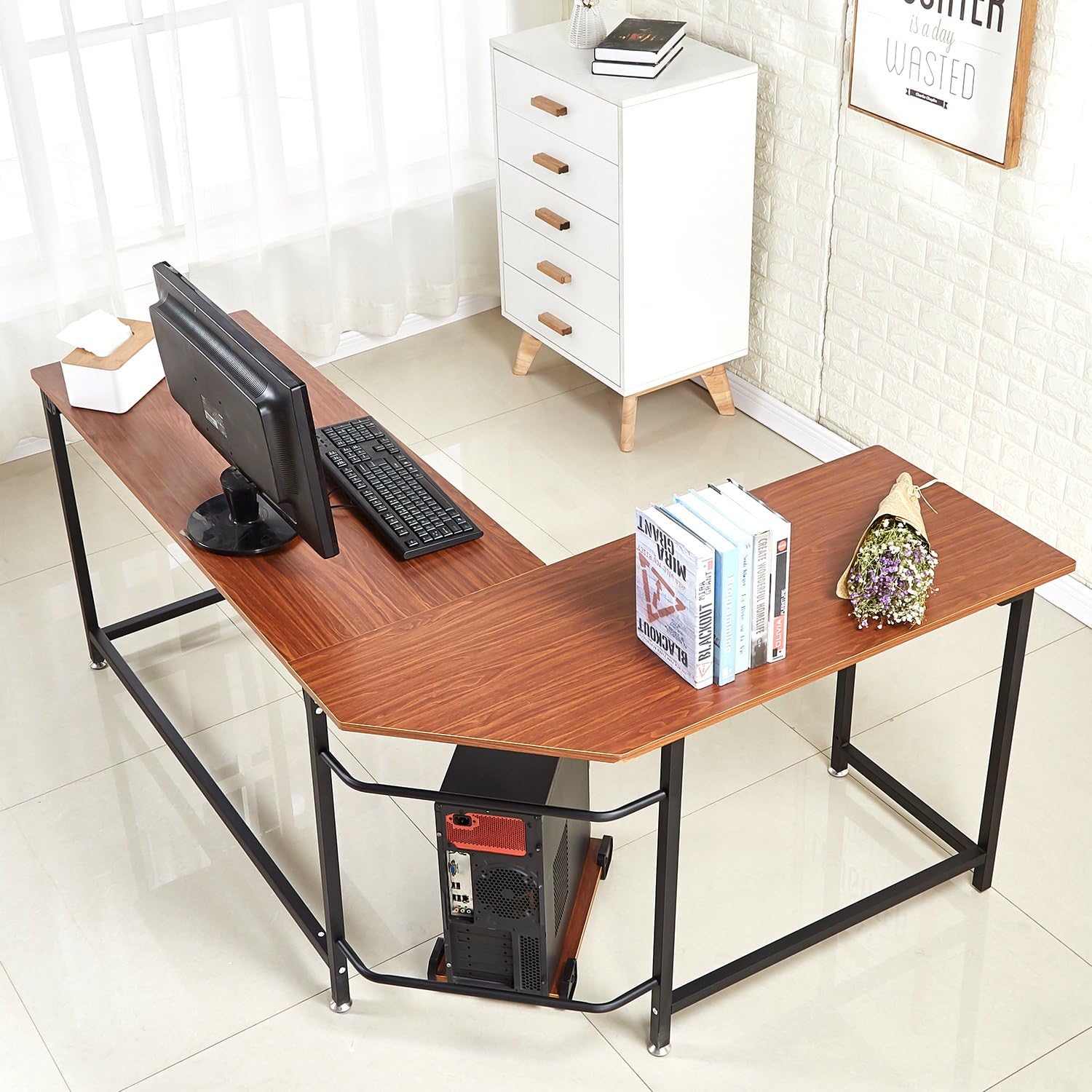 EGNM L Shaped Home Office Corner Computer Desk with CPU Stand PC Table Workstation Wood & Metal (Walnut)