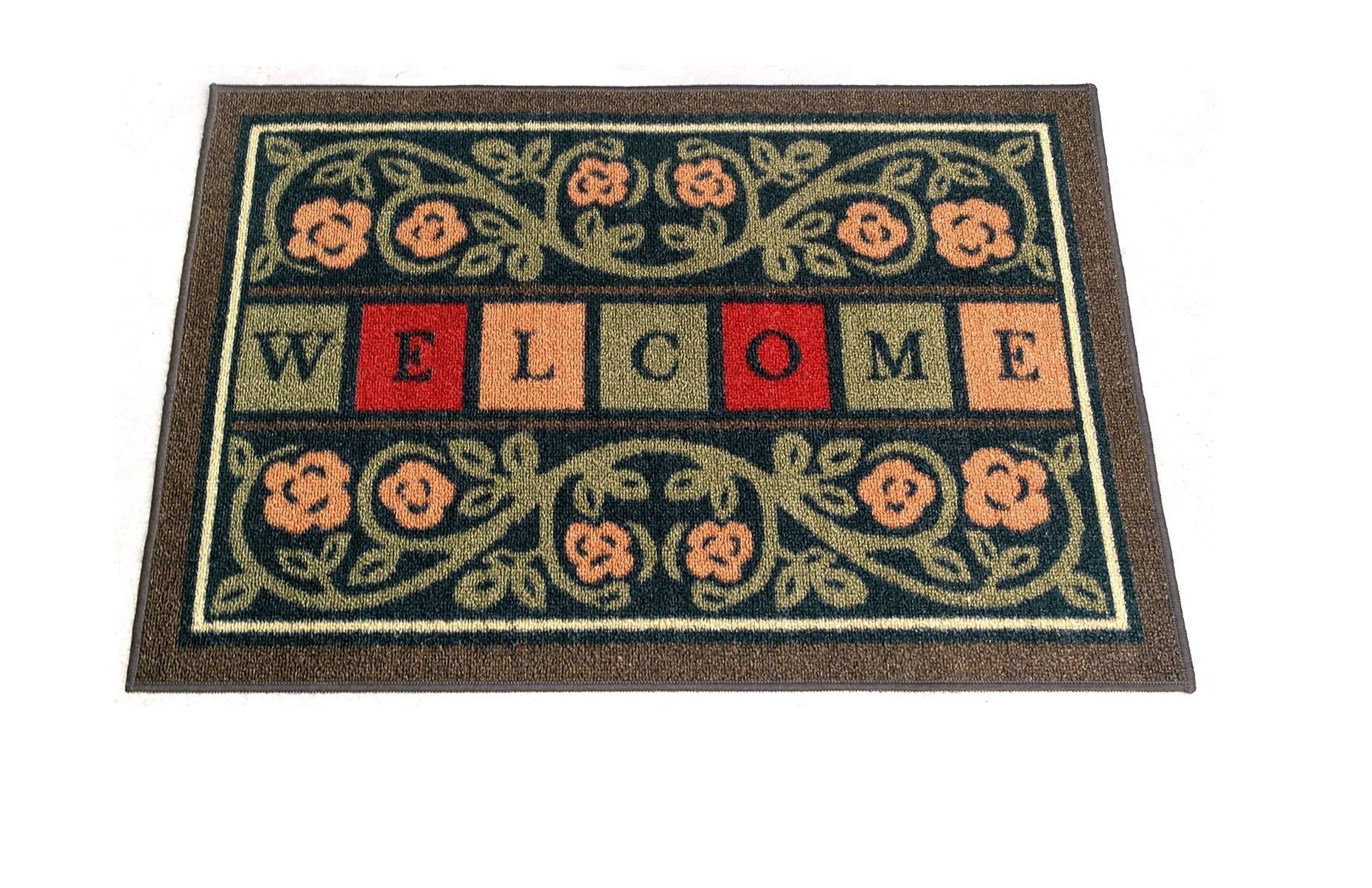 Ottomanson Rubber Back Doormat Collection, Floral Tile Design, "Welcome" Text, 51 cm x 76 cm, Multicolor โ image 1