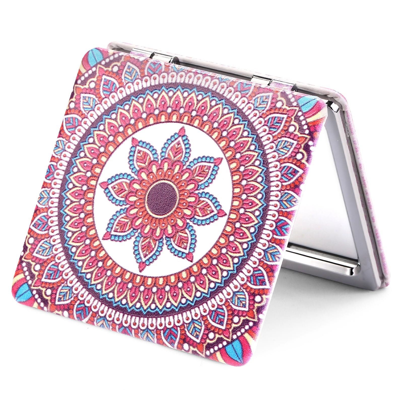 OMIRO Compact Mirror with 1x/3x Magnification, Square with PU Leather, Small Mirror for Purses, Daily Makeup (Mandala Red)