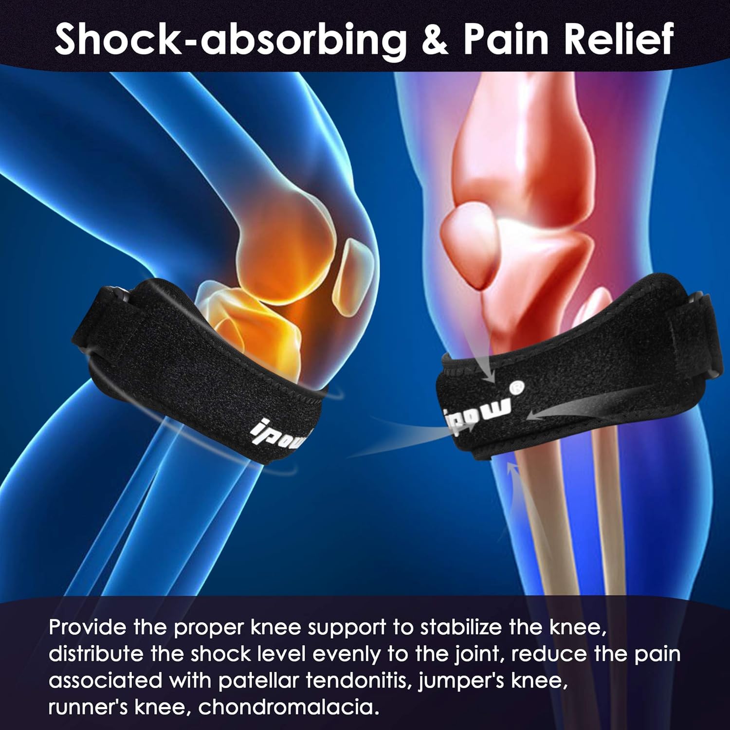 IPOW 2 Pack Knee Pain Relief & Patella Stabilizer Knee Strap Brace Support for Hiking, Soccer, Basketball, Running, Jumpers Knee, Tennis, Tendonitis, Volleyball & Squats (Black): Sports & Outdoors