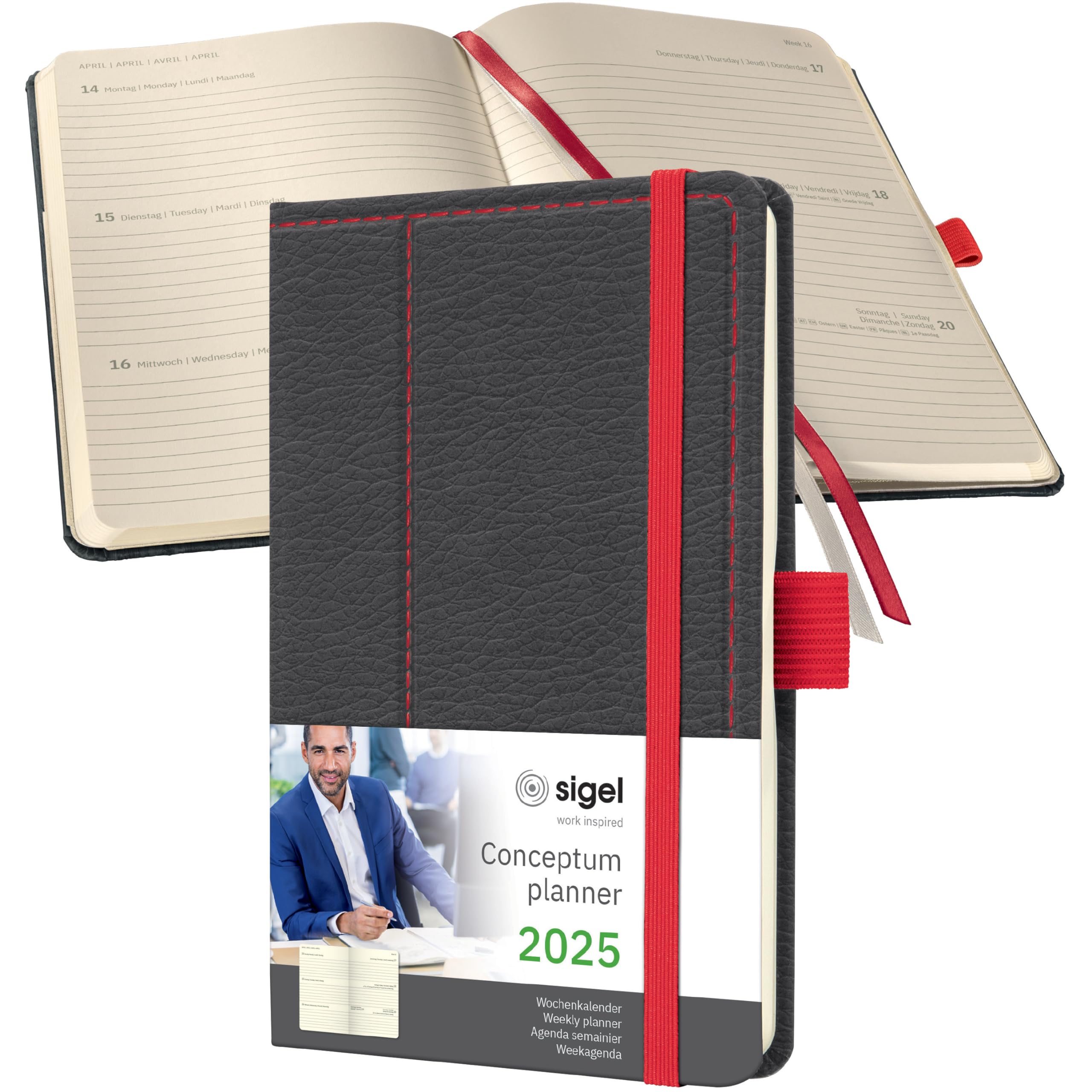 SIGEL C2556 Conceptum Weekly Planner 2025, Design Grey-red, 9,5 x 15 cm, hardcover, 176 Pages, Grey, red