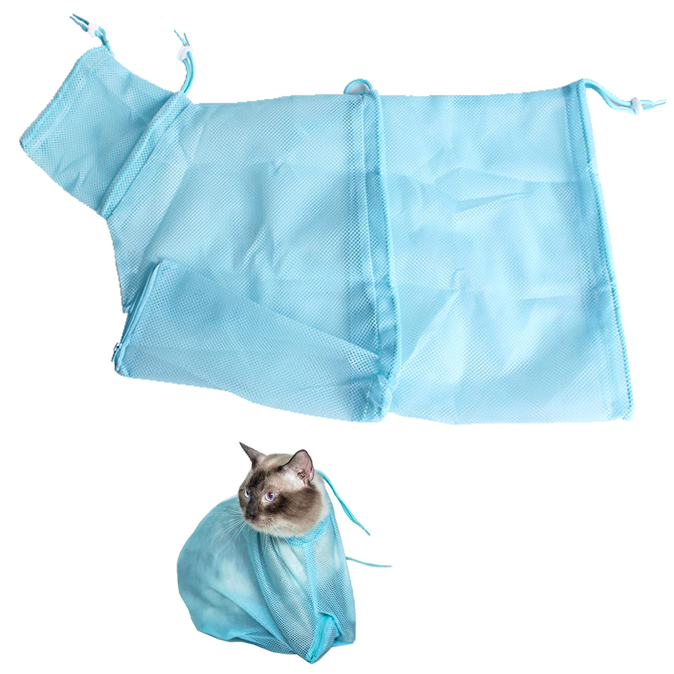 Carykon Adjustable Multifunctional Polyester Cat Washing Shower Mesh Bags Pet Nail Trimming Bags (Blue)