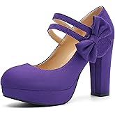 MAIERNISI JESSI Women's Platform Mary Jane Pumps with Bow, 3.94 Inch Block Heel Dress Shoes