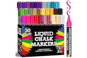 BainGesk 30 Colors Liquid Chalk Markers, Dust-Free Erasable Pens for Blackboards, Chalk Markers for Chalkboard, Windows, Glass, Mirror, Acrylic Dry Erase Board, 6mm Reversible Bullet & Chisel Tip
