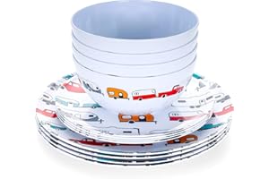 Camco Life is Better at The Campsite Dishware Set | Features a Virtually Unbreakable Melamine Construction, is Top Rack Dishwasher Safe, and has a Multicolored RV-Themed Design | 12-Piece (53297)