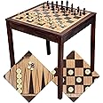 Sterling Games Wooden Chess Table | Chess, Checkers and Backgammon 3 in 1 Combo Game Table Furniture Set, 25" x 25", 4" King