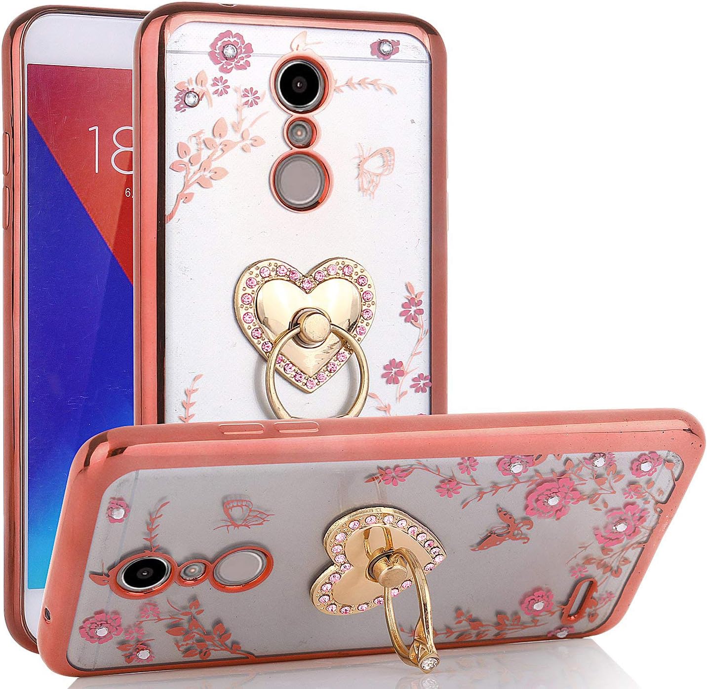 CASEHAVEN LG K30 Case, LG Xpression Plus/Premier Pro/Phoenix Plus /K10 2018 /Harmony 2, Glitter Crystal Heart Floral Series - Slim Luxury Bling Rhinestone Clear TPU Case with Ring Stand - Rose Gold