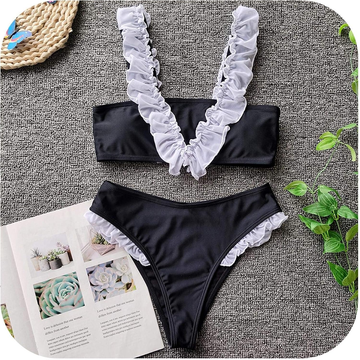 Amazon | レトロな黒水着女性2020夏のビーチフリルセクシービキニセットプッシュアップ女性水着別2ピースハイカット入浴 | ビキニ