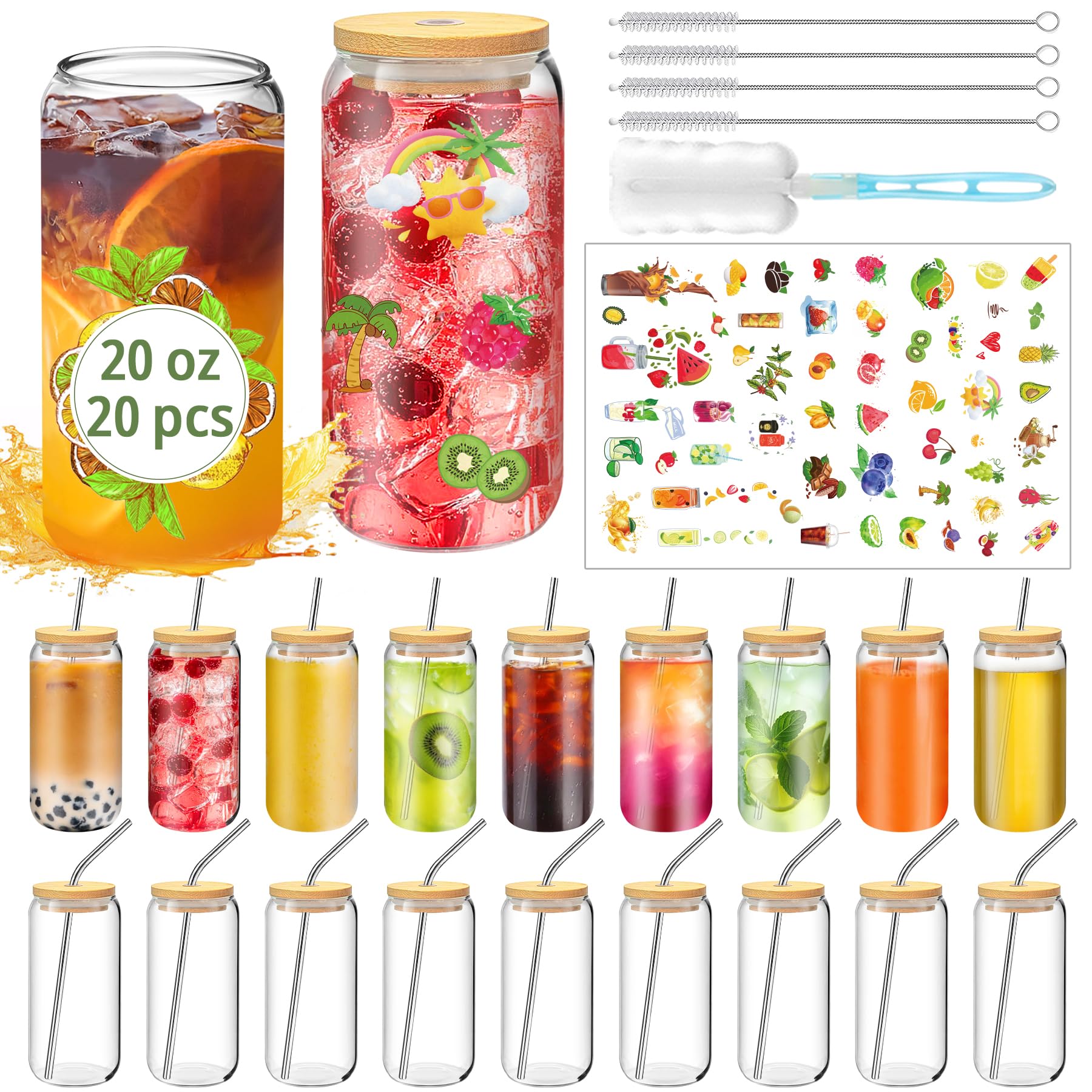 Photo 1 of PeacePeo 20 OZ Glass Cups with Lids and Straws, 20 Pack Drinking Glasses with Bamboo Lids Stylish Glass Beer Can Cups with Stainless Steel Straws Iced Coffee Cup Great for Soda Boba Tea Cocktail