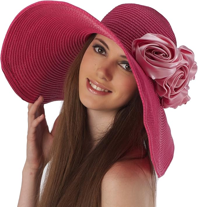 Large Pink Wide Brim Floppy Beach Straw Sun Hat for Women with