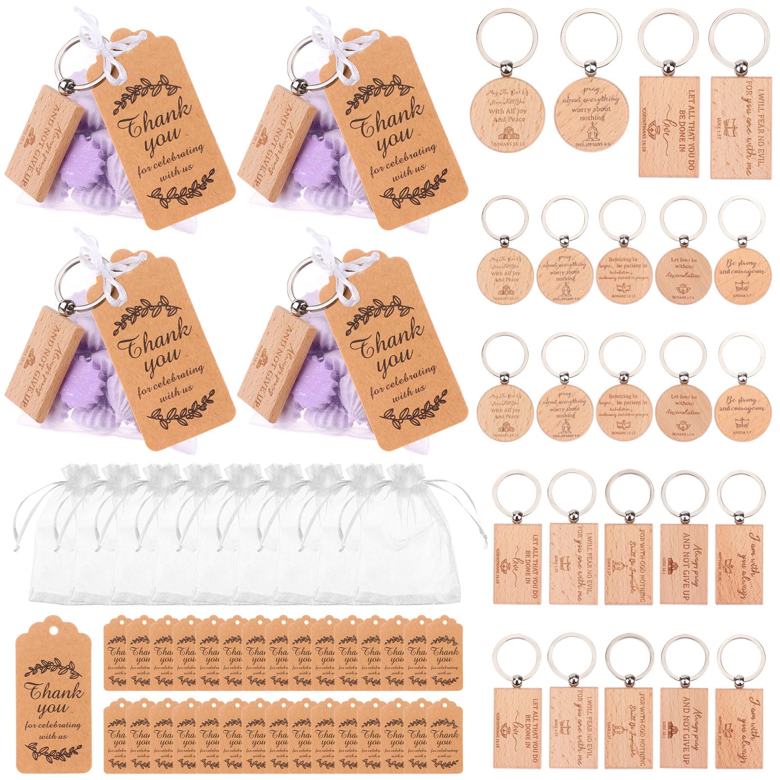 90 Pcs Wooden Bible Inspirational Keychains Appreciation Gifts Bible Verse Bulk Key Rings with Thank You Card & Organza Bags Christian Quotes Wood Keyrings for Prayer Inspirational Engraved Party
