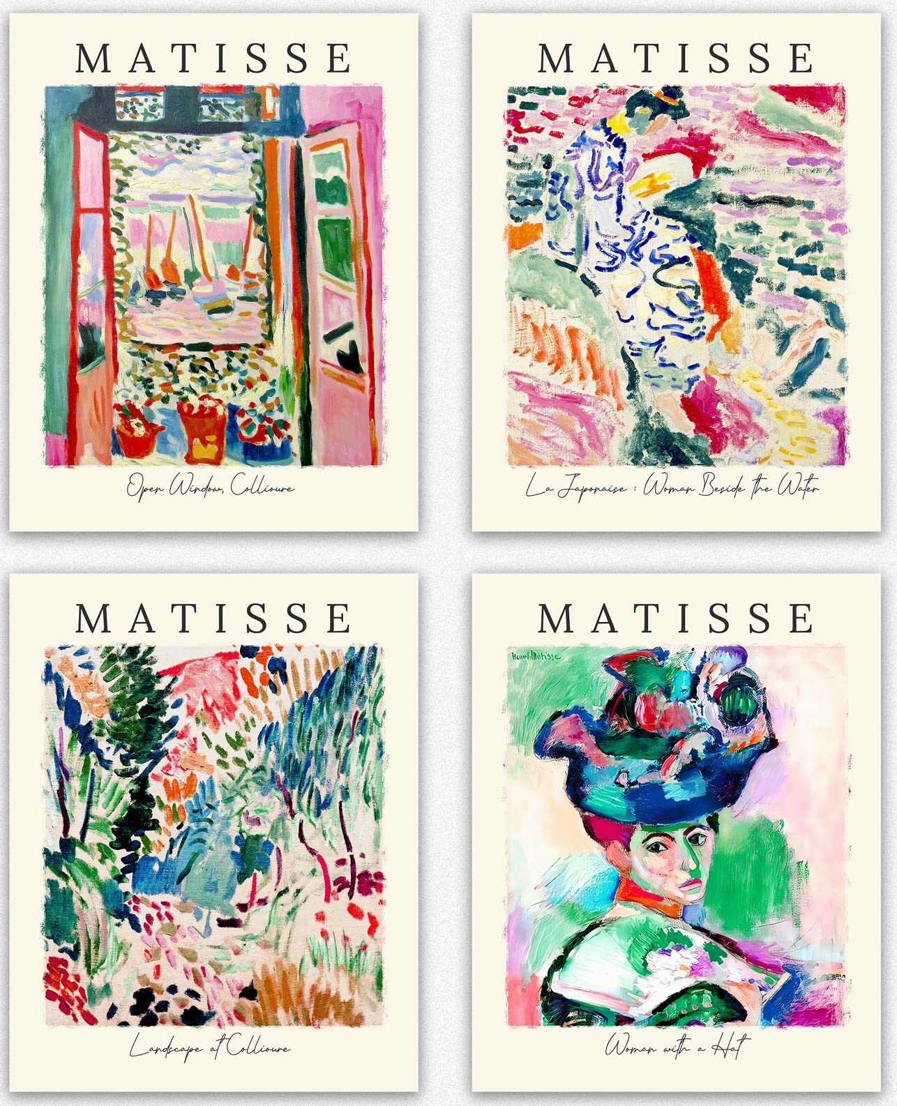 Matisse Pink and Blue Set of 4 Titled Paintings - Famous Art Pink Room Decor, Wall Decorations for Bedroom Aesthetic, Handmade Room Decor Posters (11x14)