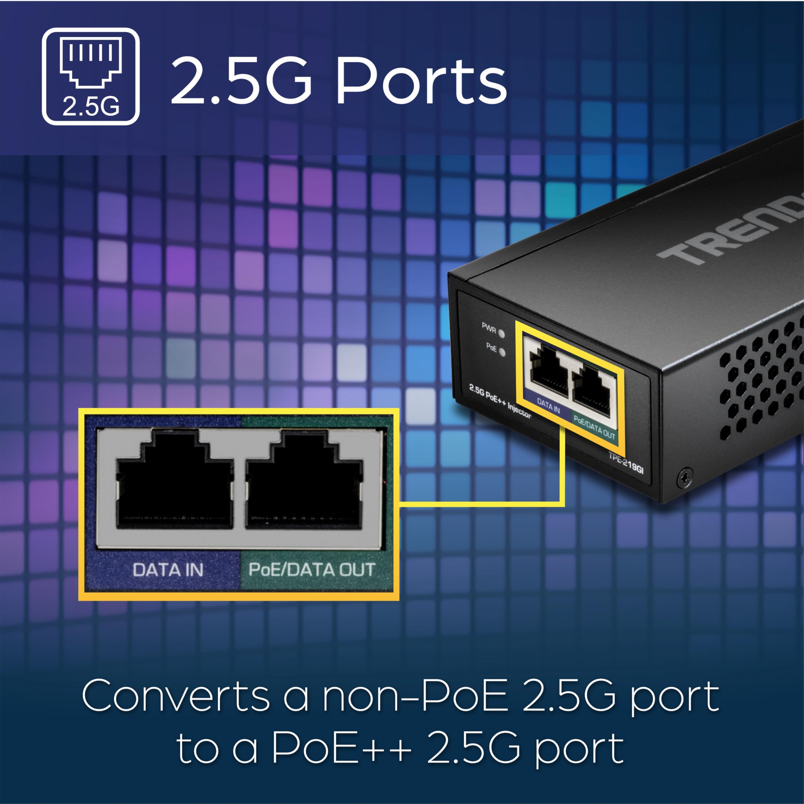 TRENDnet 2.5G PoE++ Injector, TPE-219GI, 90W PoE++, 30W PoE+, 15.4W PoE, IEEE 802.3 bt /802.3at/802.3af Compliant, Metal Housing, Up to 100m (328 ft.), Black
