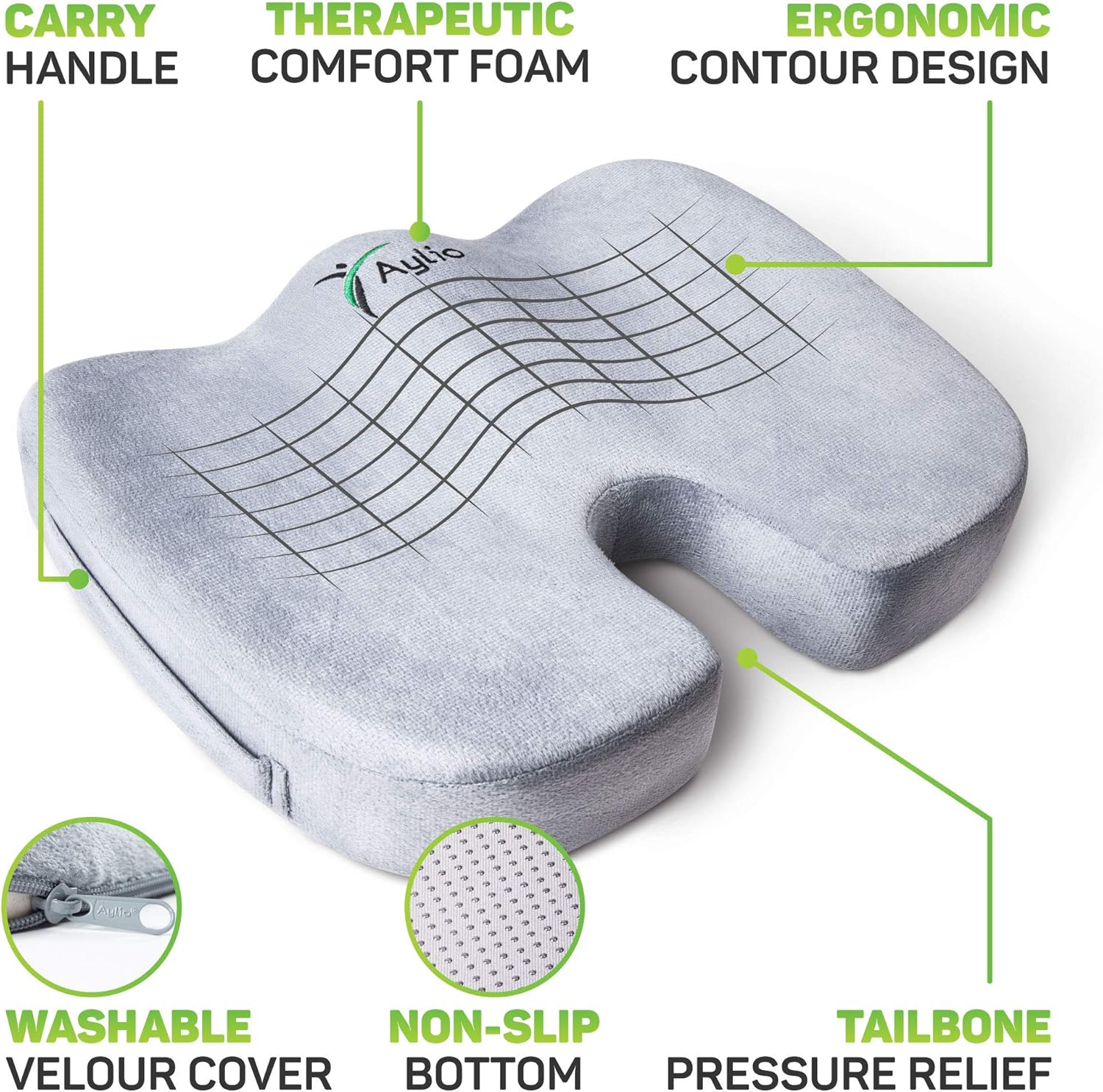 Aylio Coccyx Orthopedic Comfort Foam Seat Cushion for Lower Back, Tailbone and Sciatica Pain Relief (Gray): Home & Kitchen