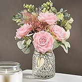 HOHOTIME Artificial Flowers in Vase, Faux Silk Pink Roses Table Centerpiece Decoration, Fake Flowers for Home Bedroom Study Room Decor with Glass Vase