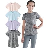 4 Pack: Youth Girls Athletic Shirts, Short Sleeve Dry Fit Apparel Tech Tshirts, Sports Activewear for Kids Teens