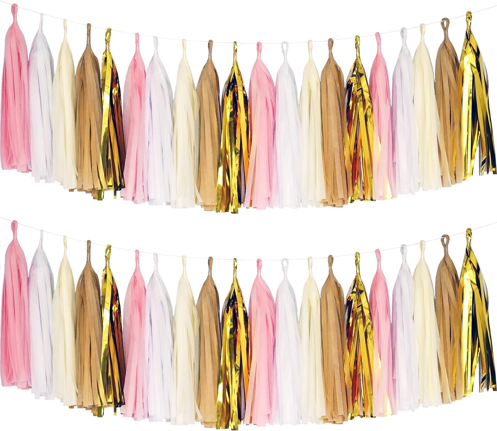 Tissue Paper Tassel DIY Party Garland Decor for All Events & Occasions - 20 Tassels Per Package (Pink-White-Ivory-Tan-Gold Mylar) - 2 Pack