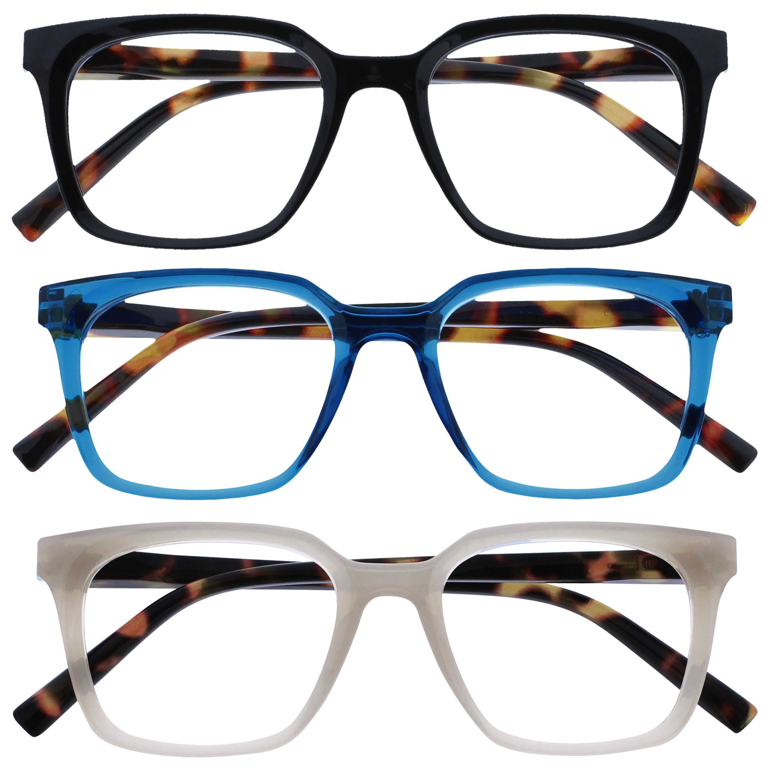 OPULIZE KOI Reading Glasses 3 Pack - Large Rectangular Frame - Black-Blue-Grey - Mens Womens- Spring Hinges - RRR50-137 - +3.50