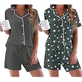 Ekouaer Womens Pajamas Set 2 Pack Button Down Summer Sleepwear Short Sleeve Comfy Pjs Loungewear Set
