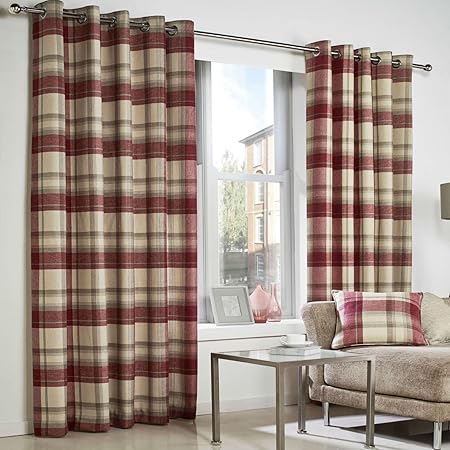 Brook Checked Lined Curtains 66 X 72 Plaid Tartan Red Burgundy
