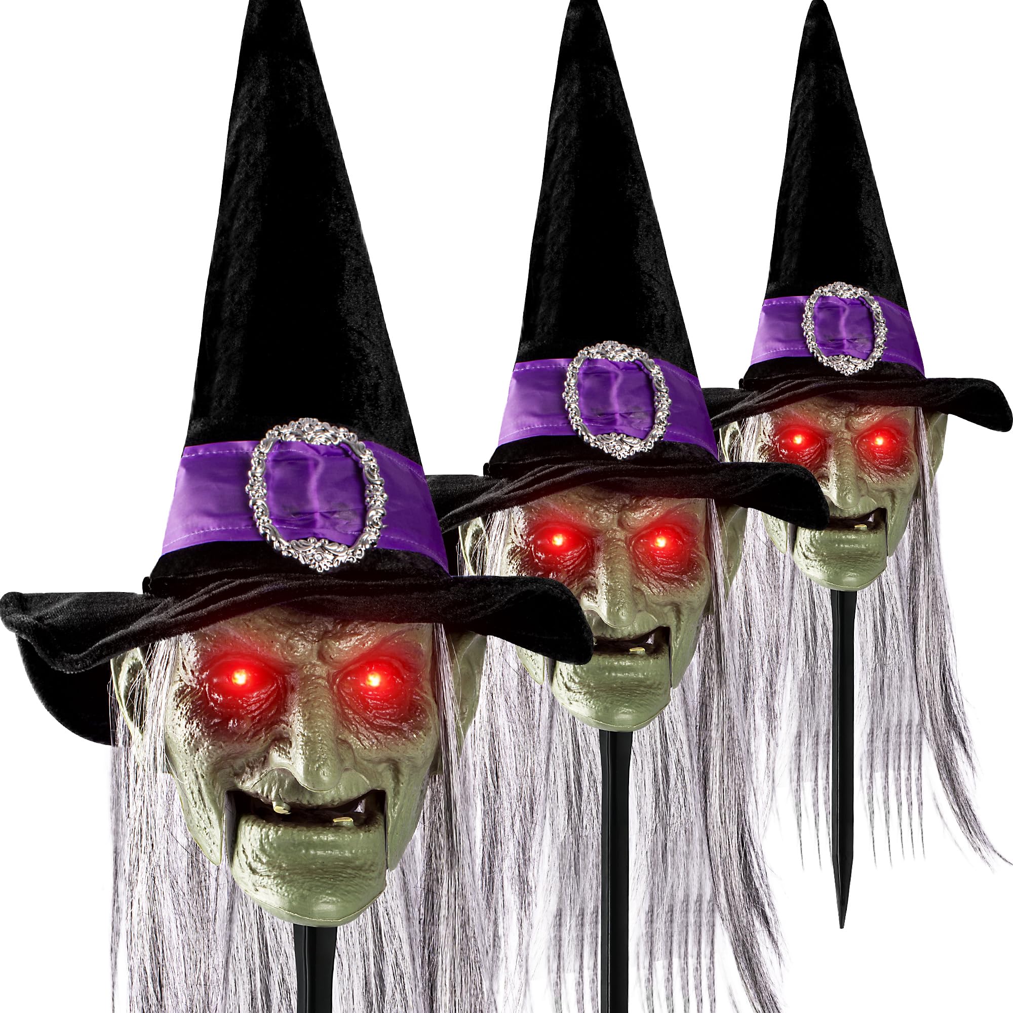 Photo 1 of Halloween Animatronics Witch Pathway Markers Decorations, 3Pack Animated Talking Stakes, Scary Decor with Sound Activated, Light Up Eyes, Mouth Move, Haunted Holiday Horror Prop for Lawn Yard, Outdoor