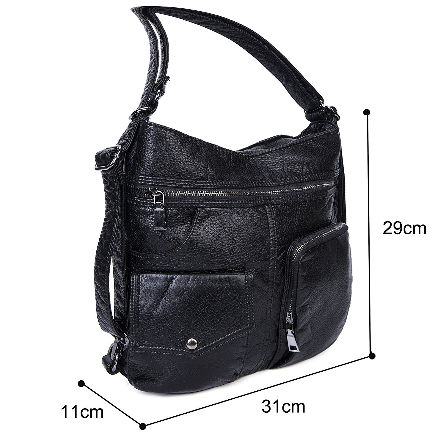 Bolsos de hombro Impermeable Mochila para mujeres Cuero PU suave lavado Bandolera Vintage Señoras-Negro2