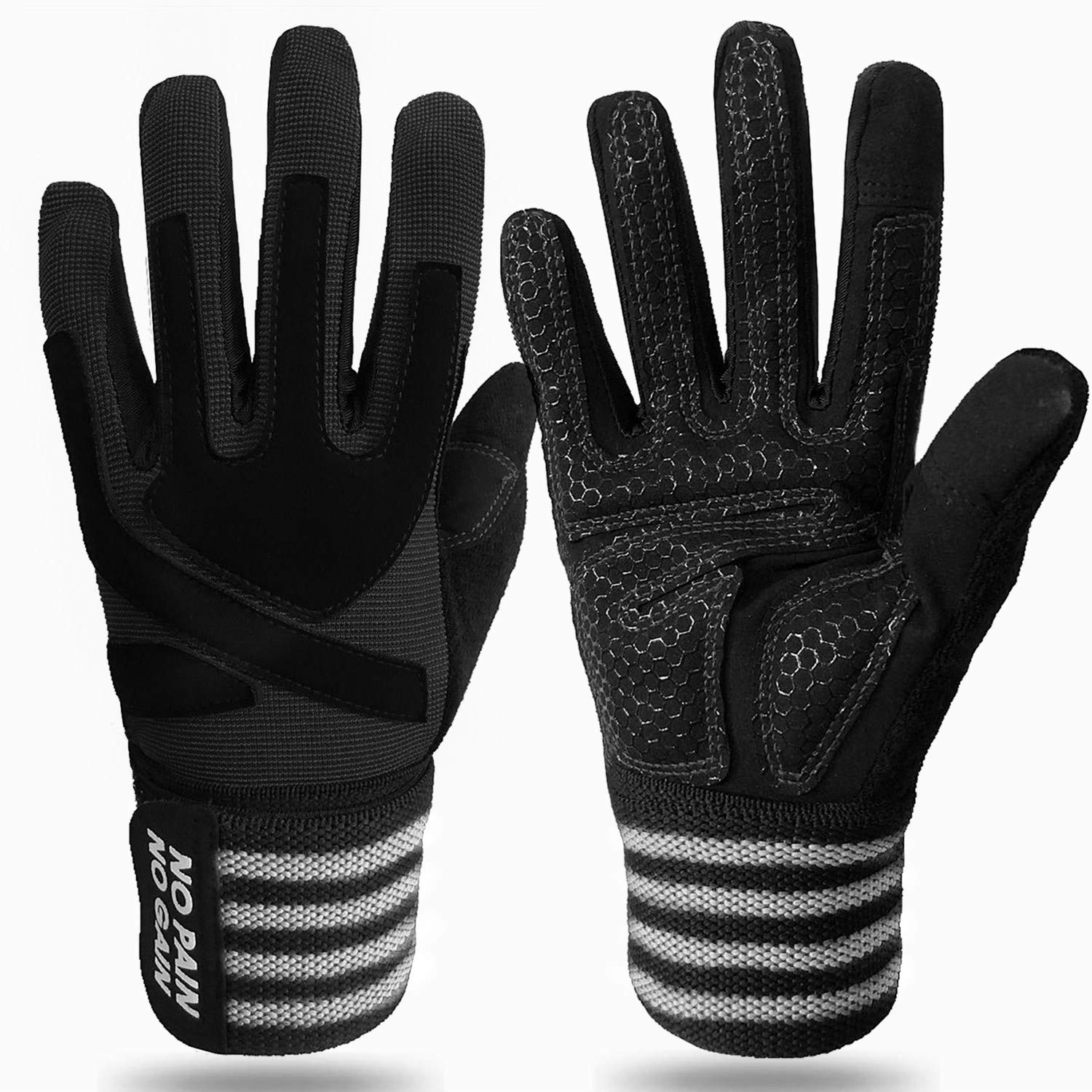 Weight Lifting Gloves Men Women Gym Full Finger with Wrist Support for Bodybuilding, Gel Padded Work Out Gloves Exercise Full Palm Protection (Black-Full Finger, M)