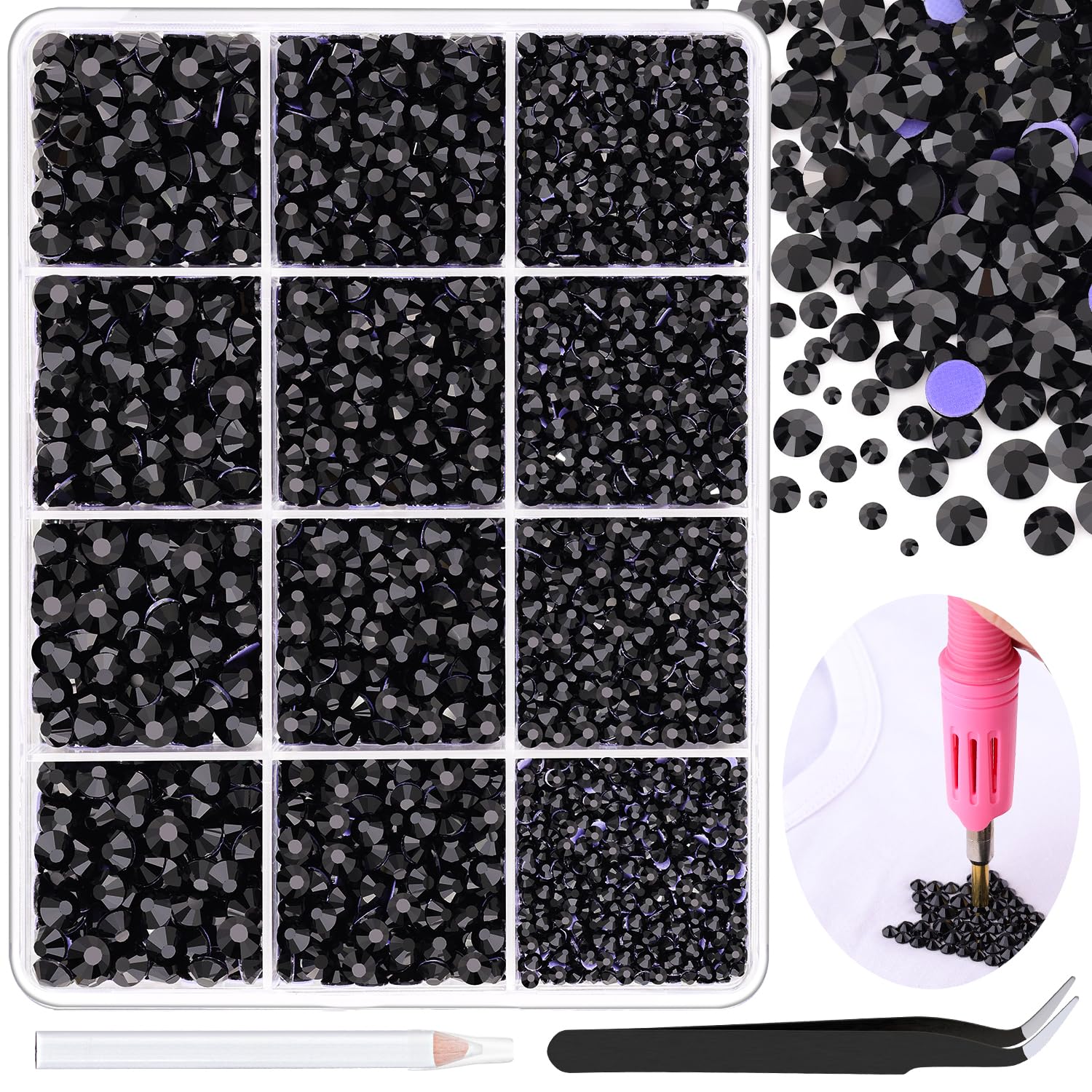 Photo 1 of 6800Pcs Black Hotfix Rhinestones for Clothing, 2-5mm Mixed Sizes Iron On Flatback Glass Gems for Crafts, Bedazzling Crystals Black Rhinestones for Crafting Hats Shoes Fabric Nail Art