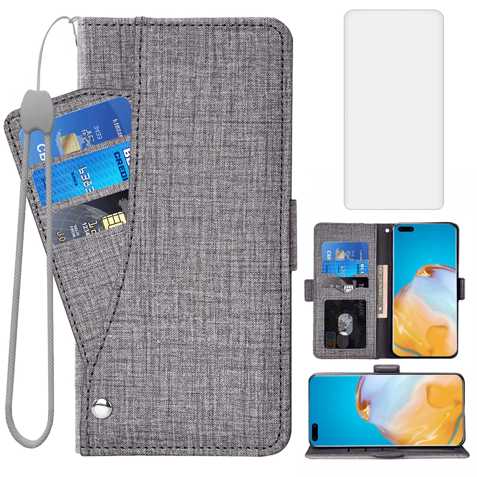 Asuwish Compatible with Huawei P40 Pro Wallet Case Tempered Glass Screen Protector and Leather Flip Cover Card Holder Stand Cell Accessories Phone Cases for Hawaii P40Pro 5G P 40 40pro Women Men Black