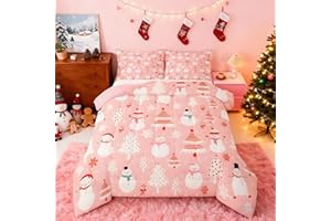 Feelyou Christmas Kids Comforter Set Cartoon Snowman Bedding Set for Boys Girls Christmas Tree Decor Comforter Pink Dots Xmas Theme Duvet Set Bedroom Comforter Inner Fill 2Pcs Twin Size