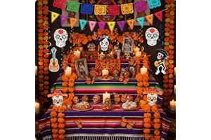 PREBOUN 30 Pcs Dia De Los Muertos Decorations Set Altar De Ofrendas Marigold Garland Mexican Banners Serape Tablecloth Sugar Skull Hanging Swirl Monarch Butterfly for Day of The Dead Decor(Yellow, Orange)