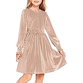 Arshiner Girls Long Sleeve Dress Velvet Crew Neck Midi Fall Vintage Plain Dress for Kids 4-13Y