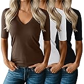Ficerd 3 Pack Women's Half Sleeve V Neck T Shirts, Mid Elbow Length Sleeve Shirt Slim Fit Tunic Top Casual Summer Tee