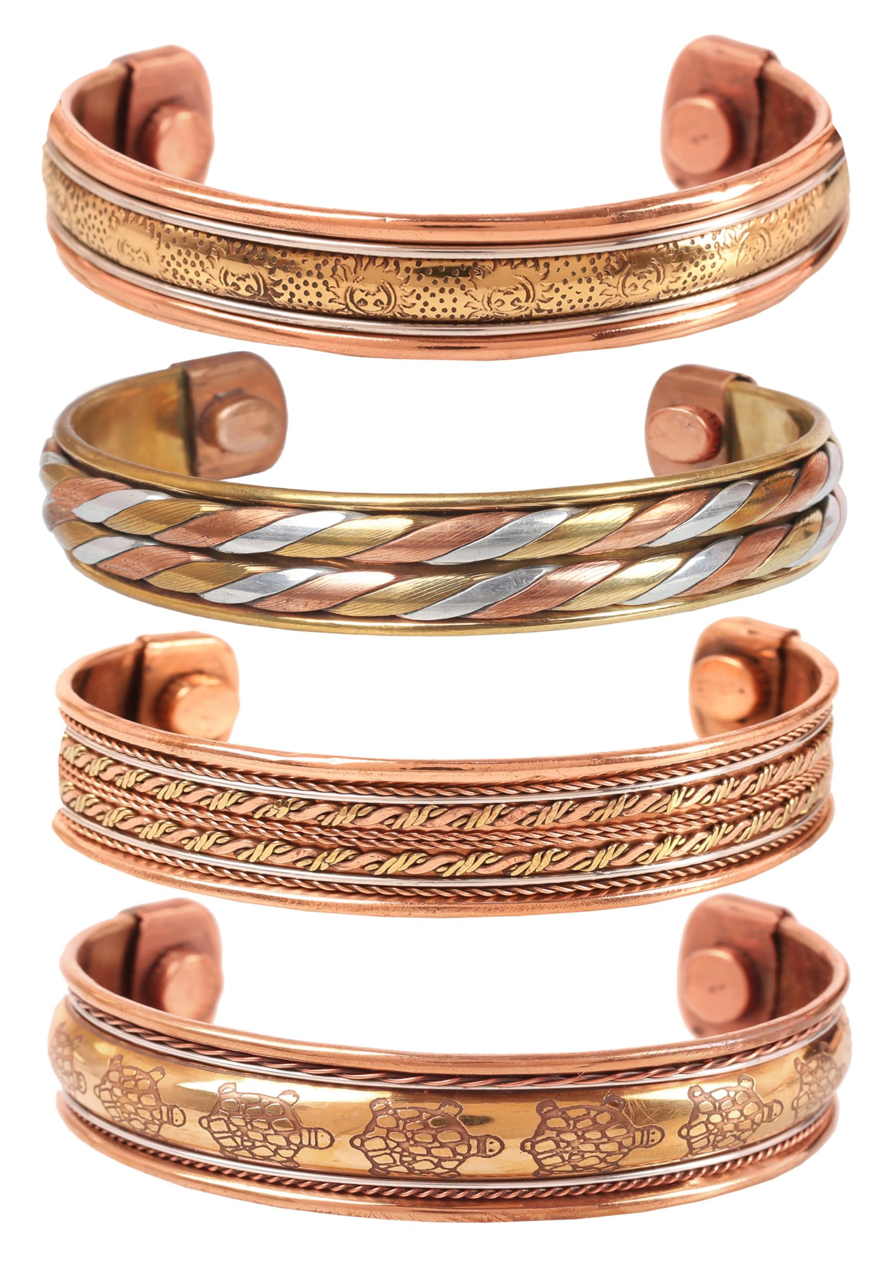 Touchstone Copper magnetic bracelet Tibetan style. Hand forged with solid and high gauge Sun Tortoise Braided Motifs pure copper. Set of 4 different designs in 3 metals.