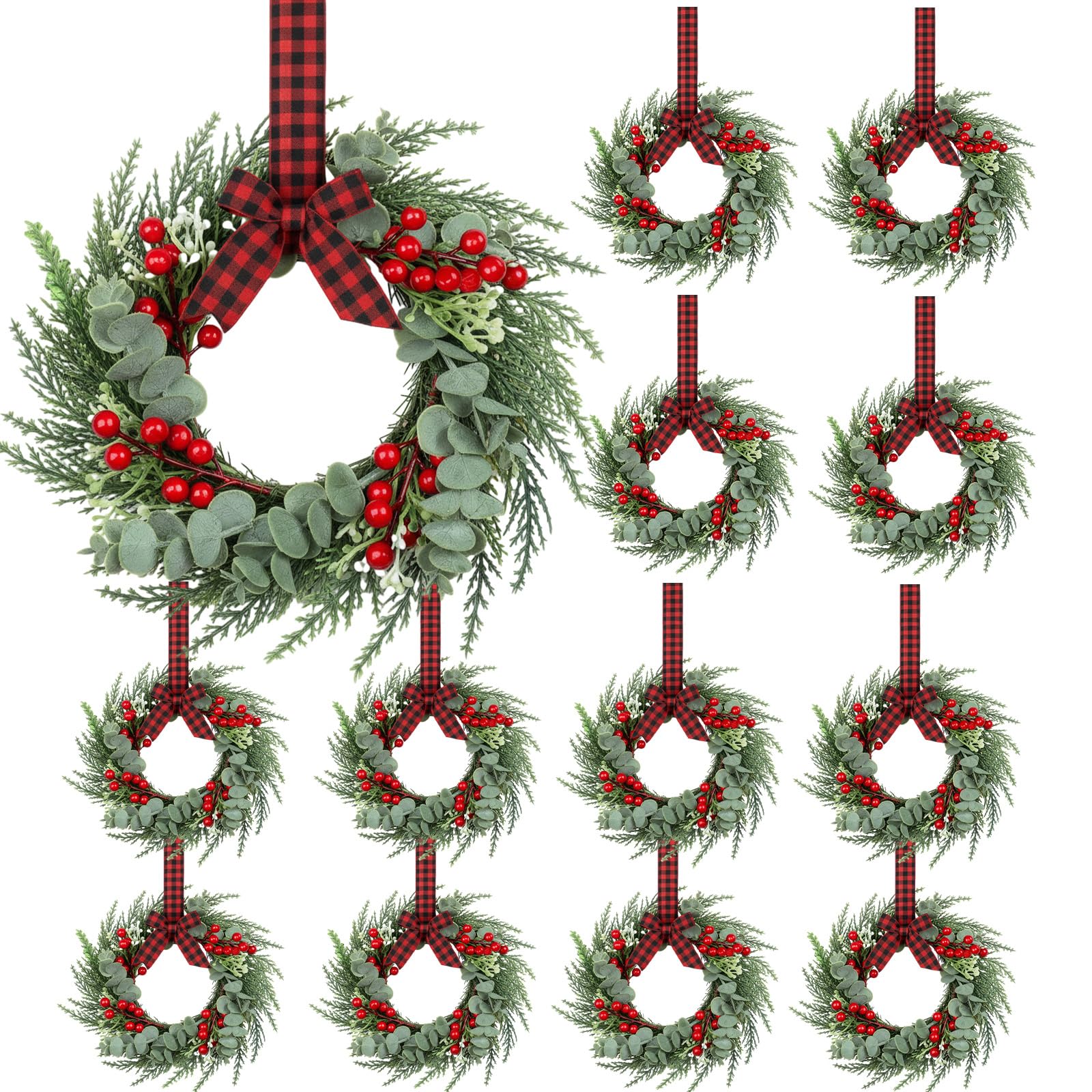 Photo 1 of 12 Pcs 8" Mini Christmas Wreaths for Kitchen Cabinet Small Christmas Candle Rings Wreaths, Front Door Pillars/Home Table Centerpieces Hanging Garlands, for Windows/Wedding Decor (No Red Ribbon)