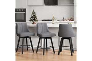 REONEY Counter Height Swivel Bar Stool, 24" Upholstered Fabric Barstools Set of 3, Counter Stool Chair with Back & Solid Wood Legs for Kitchen Island Dining Room (Dark Gray)