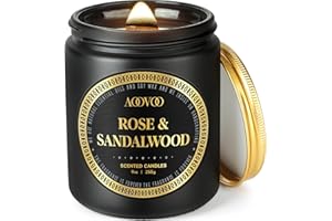 AOOVOO Scented Candles for Men - Rose & Sandalwood Candles for Home Scented | Crackling Wood Wick Soy Candle | Strong Fragranced Masculine Black Candle Gift for Women & Men, 9oz