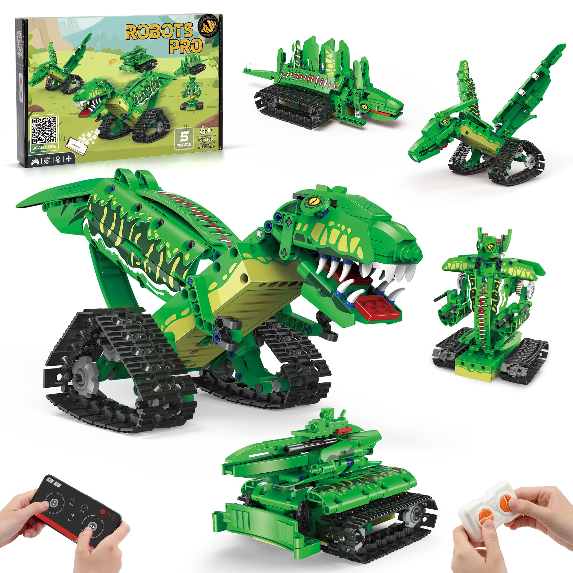 5in1 STEM Dinosaur Toy for 6-12 Year Old Boys Girls Robot Building Set with APP & 2.4GHz Remote Control Science Programmable Building Block Robotics Kit, Birthday Gifts for Ages 6 7 8 9 10 11 12+ Kids