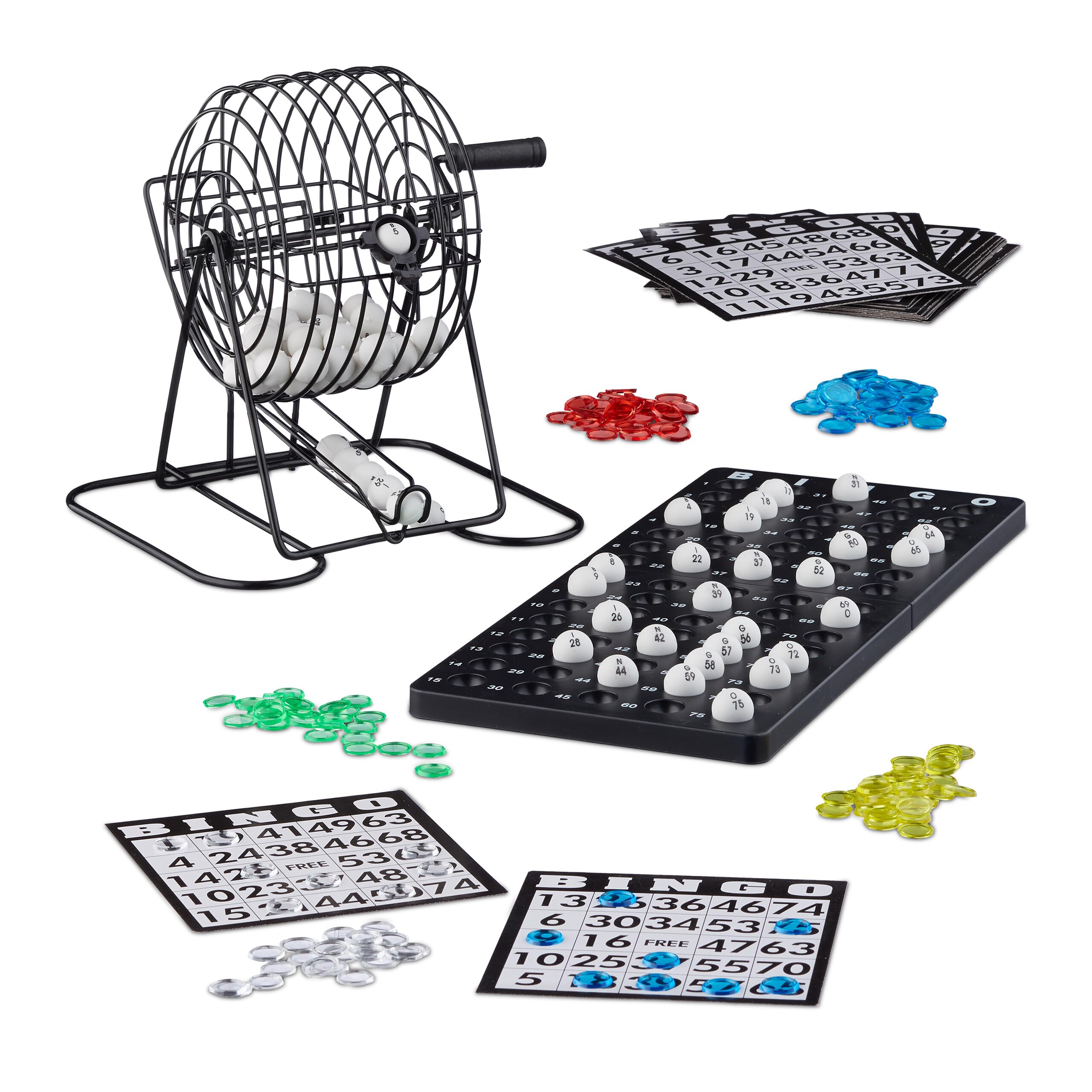 Relaxdays Bingo Game with Metal Cage, HxWxD: 20 x 17.5 x 21.5 cm, Bingo Tickets, Loose Balls, Chips, Game Boards, Black