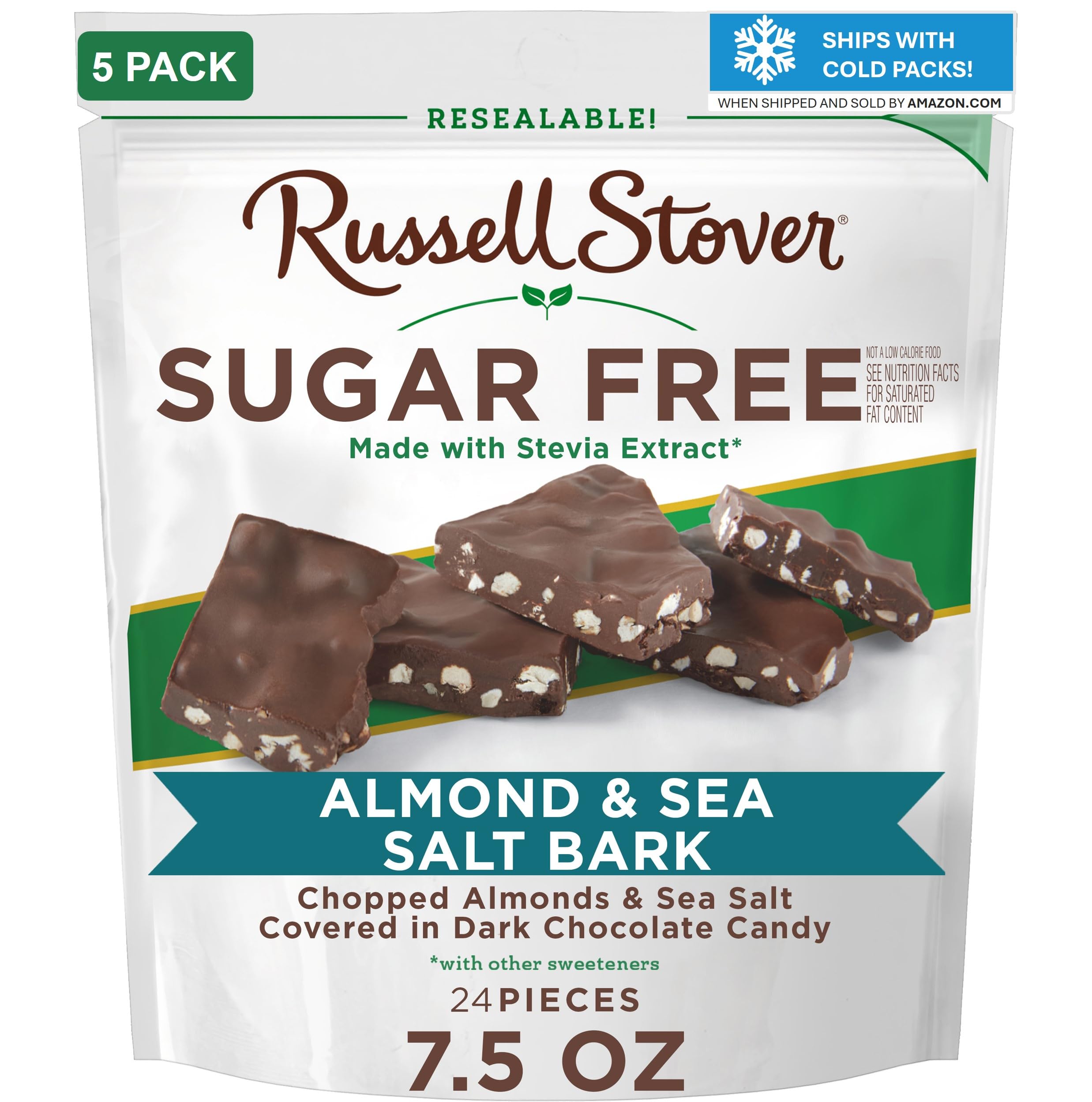 RUSSELL STOVER Sugarfree Dark Chocolate Almond & Sea Salt Bark, 7.5 oz bag, 5 Pack Image