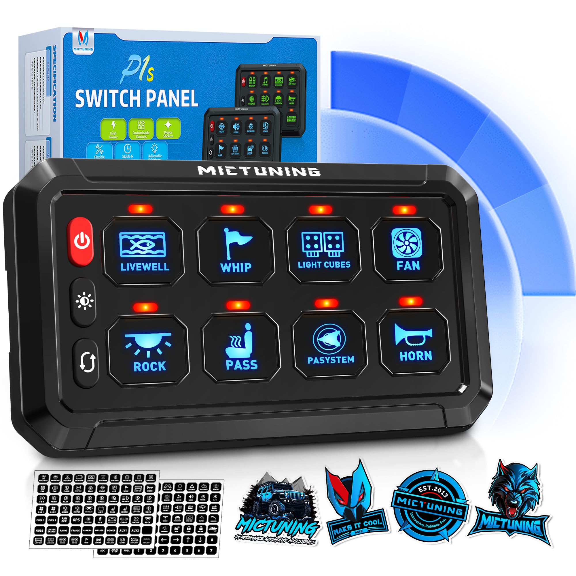 Photo 1 of MICTUNING 8 Gang Switch Panel P1S B08X High Power Multifunction Pulse/Strobe/Momentary/Toggle Switch Panel with Circuit Control Fuse Box for Truck SUV Offroad Marine Camper Blue,2 Years Warranty