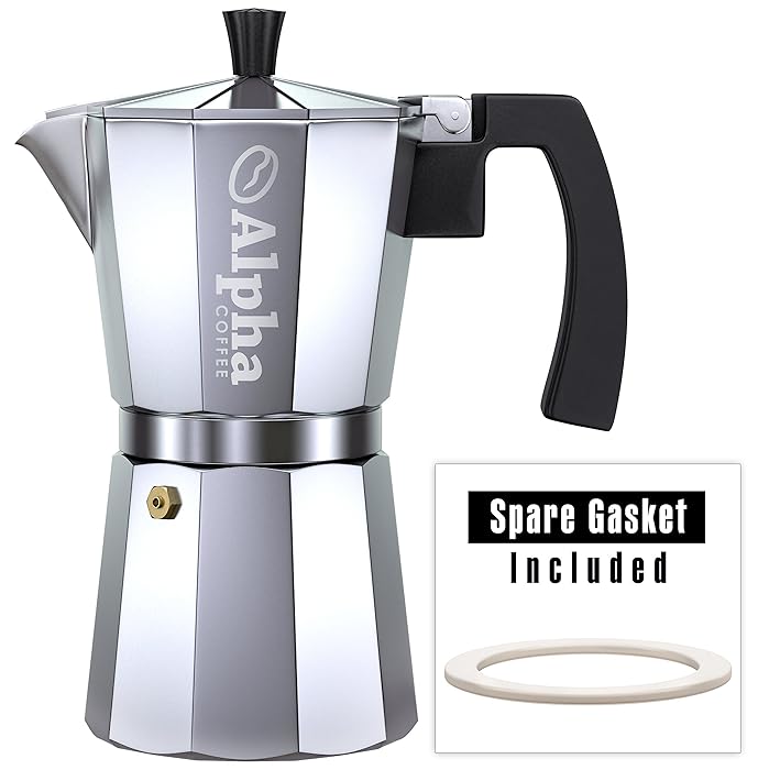 Alpha Coffee 6-Cup Stovetop Espresso Maker Moka Pot With Extra Large Handle To Prevent Burns