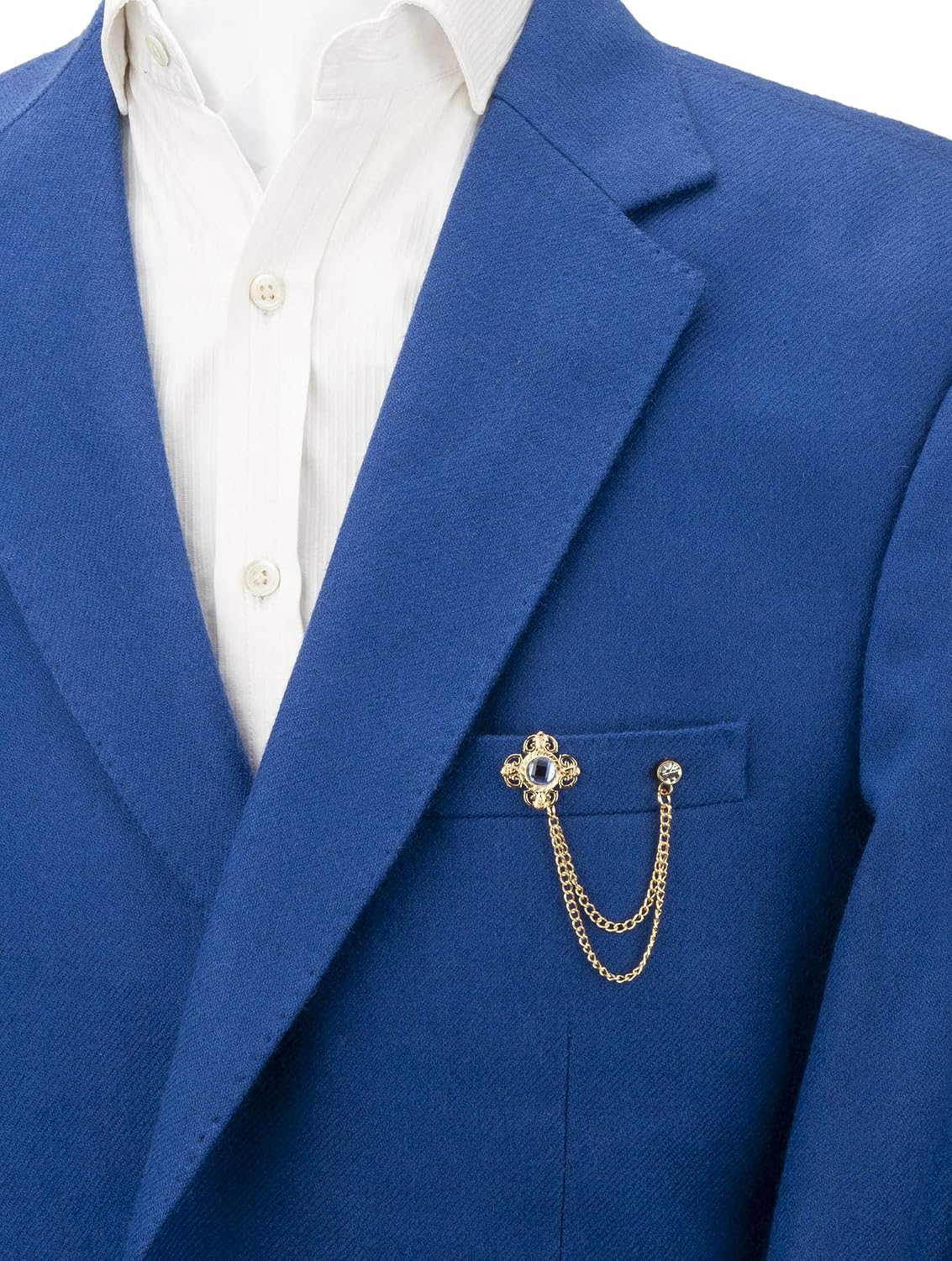 Brooch Lapel Pin for Men Blue Shimmer Stone with Gold Engraving Chain and Stone Lapel Pin Badge Coat Suit Wedding Gift Party Shirt Collar Accessories - Image 4