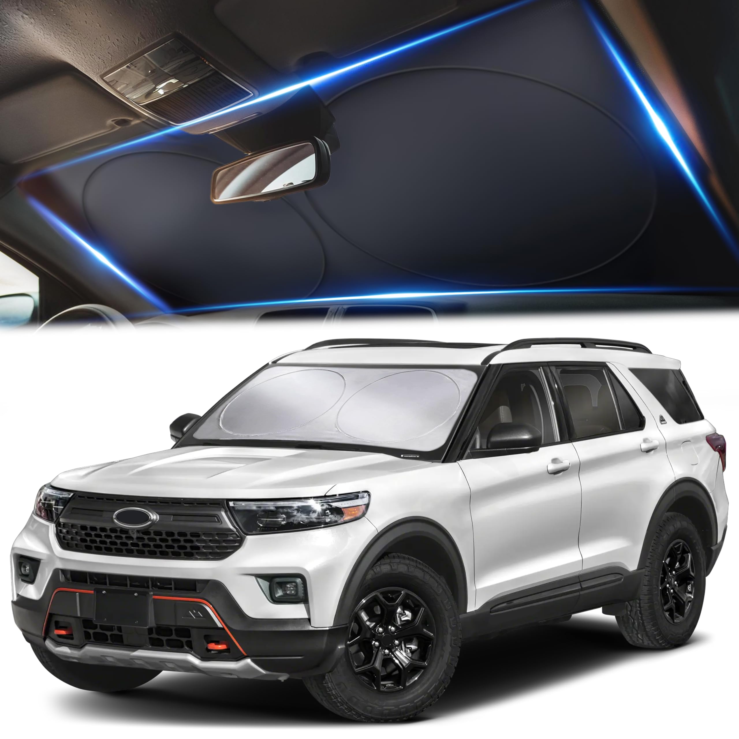 Photo 1 of Autovir Foldable Windshield Sun Shade for Car – 240T Reflective UV and Heat Shield with Storage Bag | Keeps Interior Cool | Universal Fit for Sedans, SUVs, and Trucks – Medium (64" x 32")